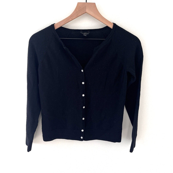 100% Pure Italian Merino Wool Black Cardigan Rhinestone Buttons - Medium - Picture 1 of 9